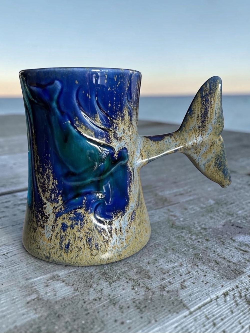 Doug Wylie Whale Tail Extra Large Mug Blue Gray Ocean Pottery Drip Glaze